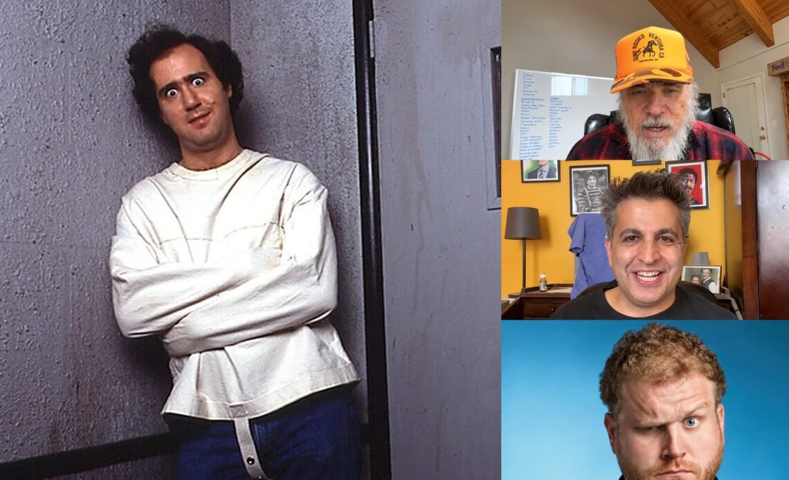 Andy Kaufman in a straitjacket, beside Larry Charles and Paul Farahvar, two comedians who talk about his influence