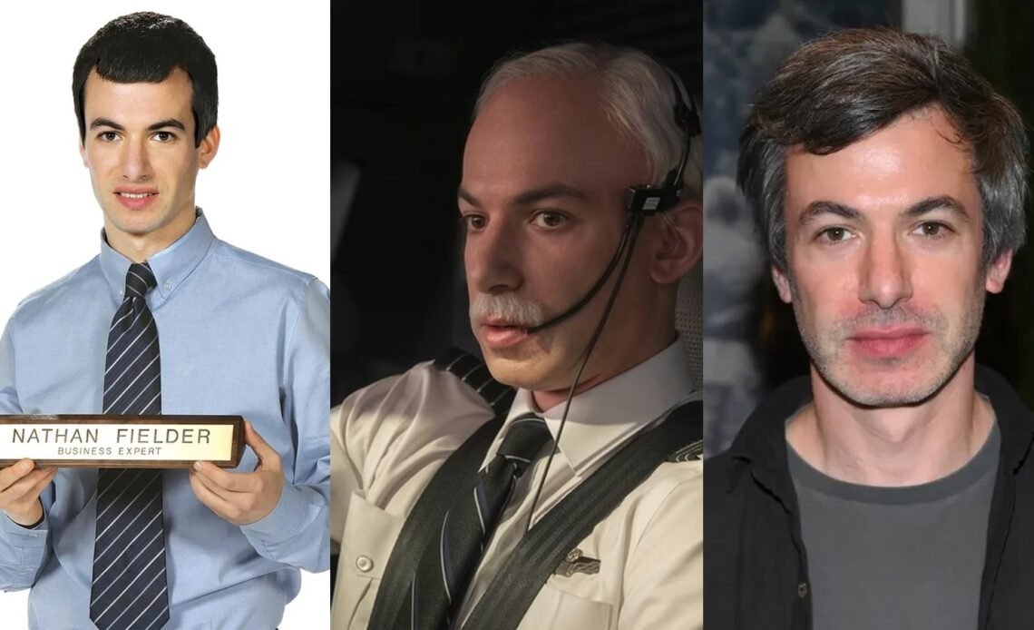 Nathan Fielder in three photos: as the business expert from Nathan for You, dressed as a pilot in The Rehearsal, and today