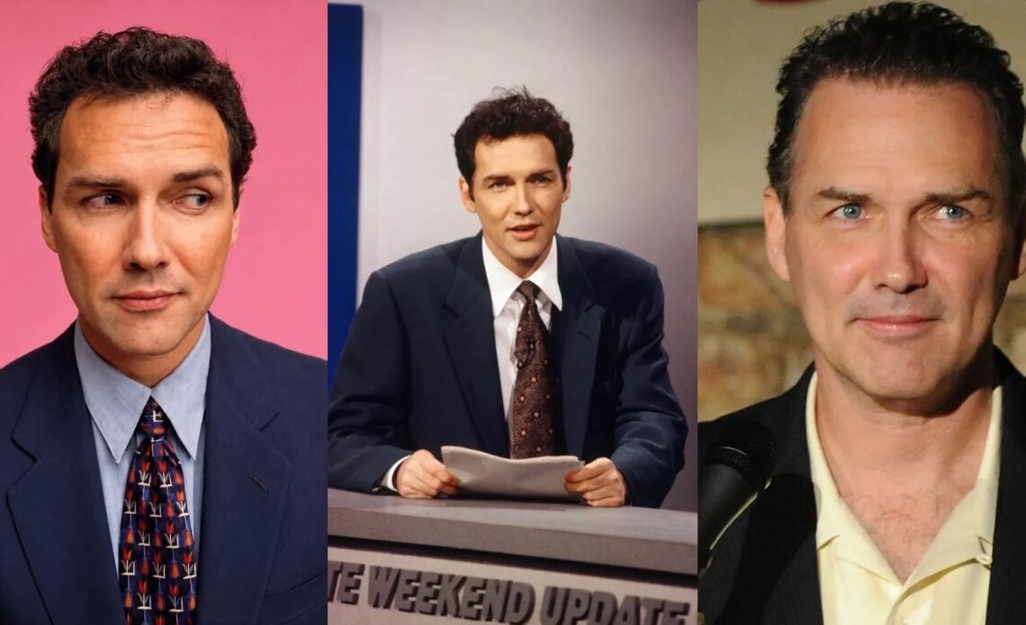 Norm Macdonald in three photos: a studio portrait, at the Weekend Update desk, and on stage at a comedy club