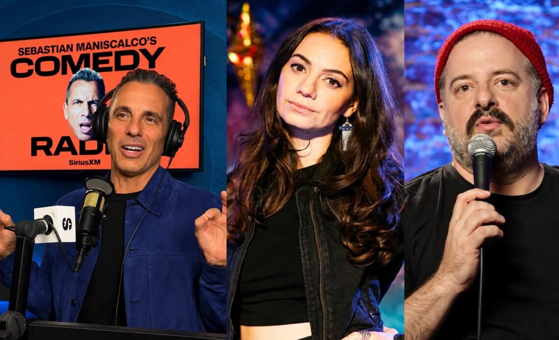 Sebastian Maniscalco in the SiriusXM studio beside comedians Liz Miele and Greg Stone, who lost airplay when Raw Dog Comedy was replaced